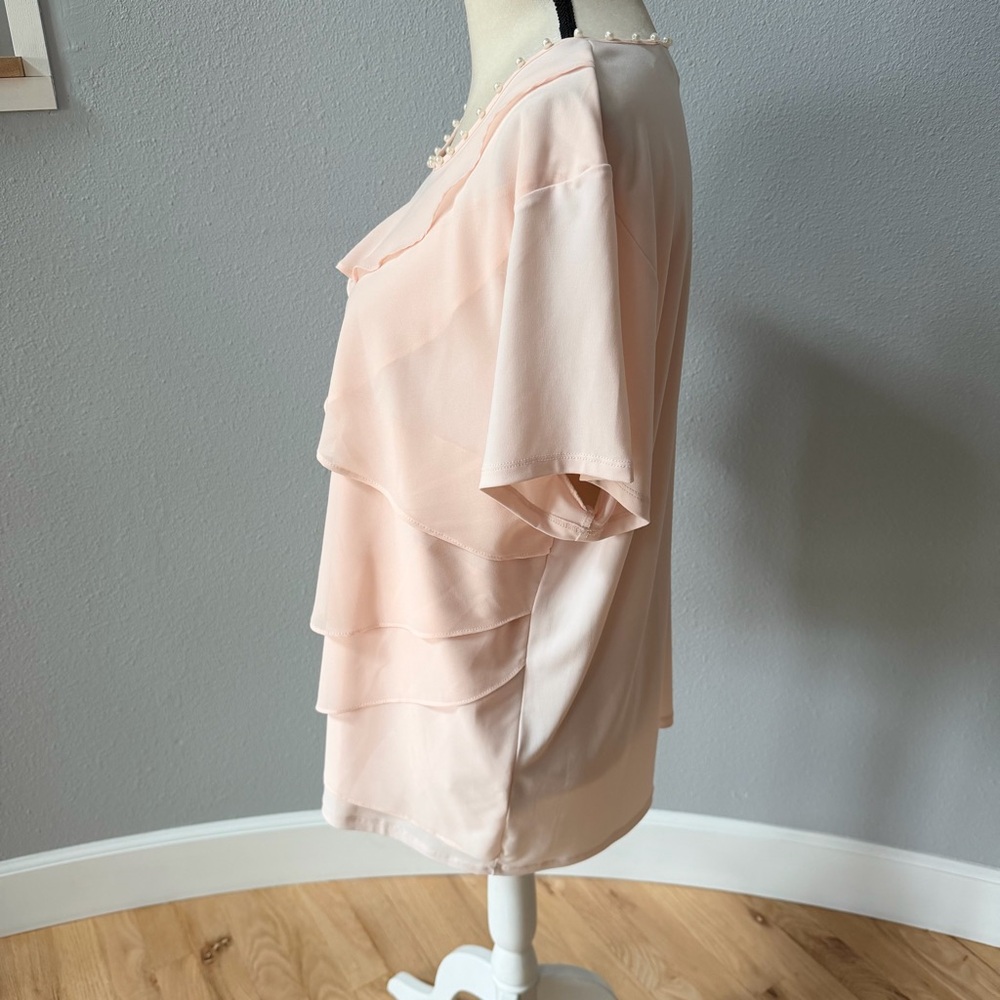 Karl Lagerfeld Paris Tiered Short Sleeve Soft Pink Layered Blouse - Picture 4 of 13